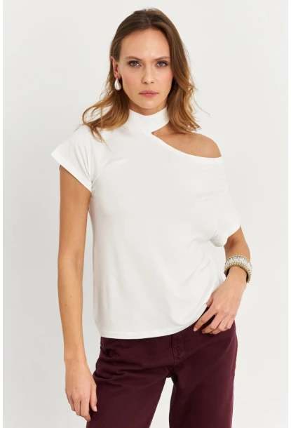 Kadın Ekru Tek Omuz Açık Bluz LPP1300