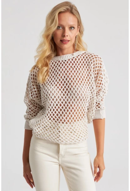 Kadın Ekru Triko File Bluz YV216