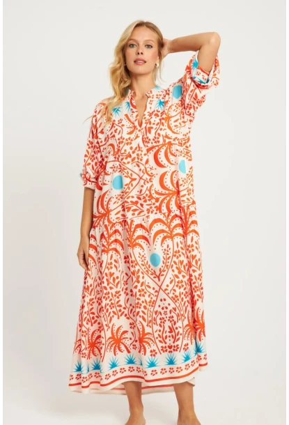 Kadın Ekru-Turuncu Desenli Midi Elbise GÇ169