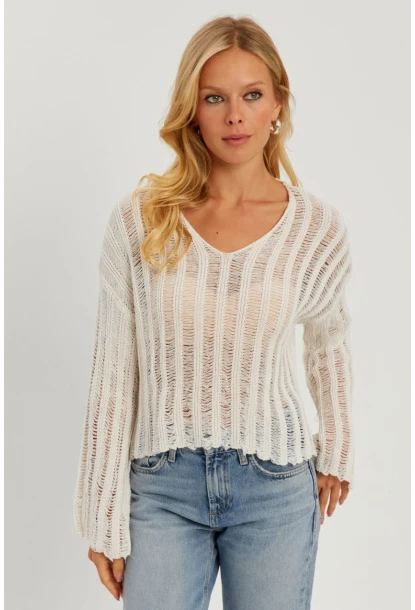 Kadın Ekru V Yaka Ajurlu Triko Bluz YV233