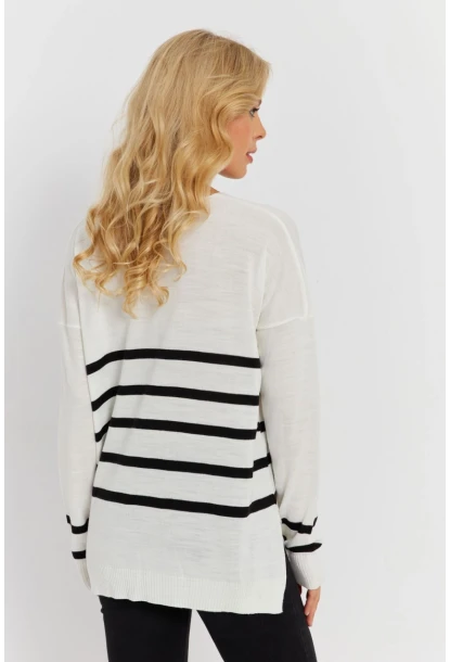 Kadın Ekru V Yaka Çizgili Triko Kazak YİL550