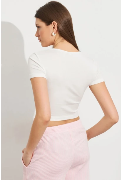 Kadın Ekru V Yaka Crop Bluz TOP101