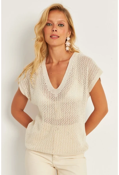 Kadın Ekru V Yaka Fileli Bluz SMT230
