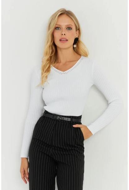 Kadın Ekru V Yaka Fitilli Triko Bluz SMT216