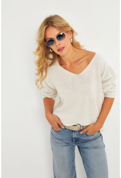 Kadın Ekru V Yaka Triko Bluz YV282