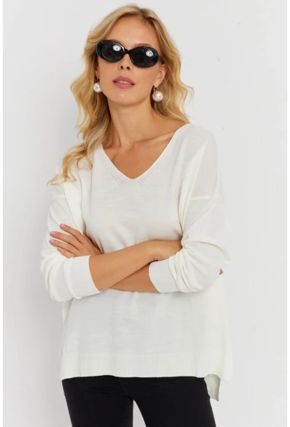Kadın Ekru V Yaka Triko Kazak YİL549