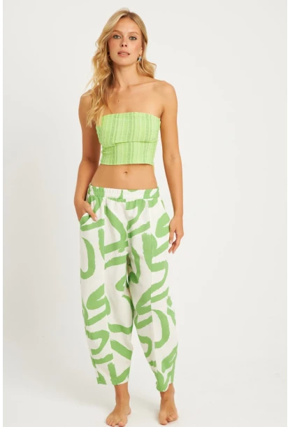 Kadın Ekru-Yeşil Desenli Keten Şalvar Pantolon K1253