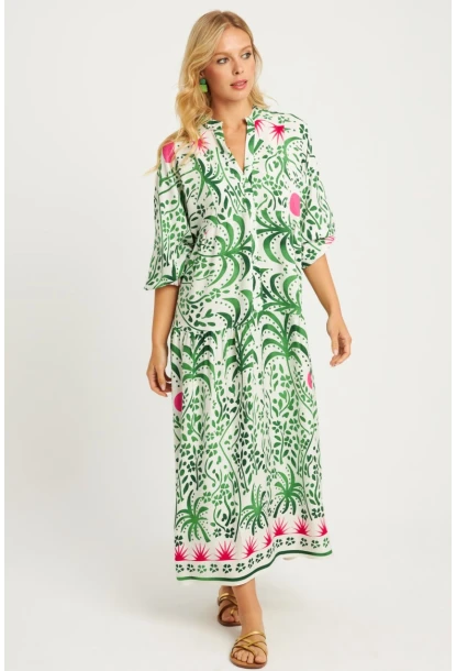 Kadın Ekru-Yeşil Desenli Midi Elbise MGÇ169