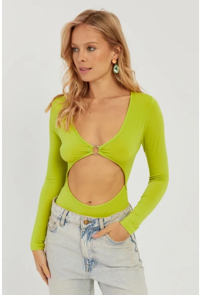 Kadın Fıstık Yeşil Dekolteli Çıtçıtlı Body MEN2026