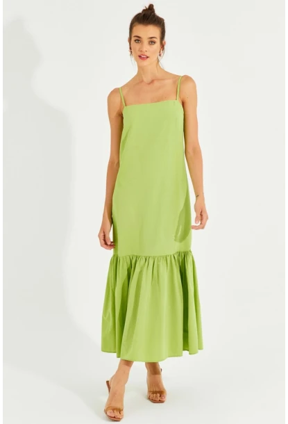 Kadın Fıstık Yeşil Eteği Volanlı Askılı Midi Elbise MEN2001