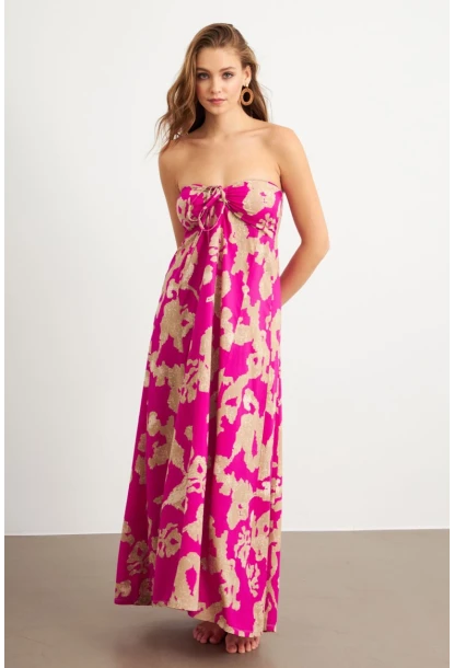 Kadın Fuşya Büzgülü Desenli Midi Elbise KAB304