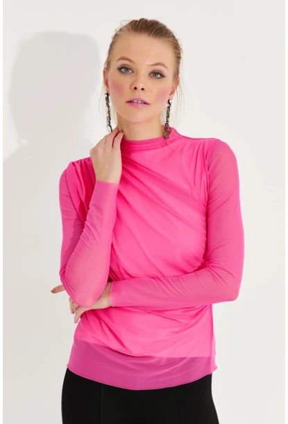 Kadın Fuşya Büzgülü Drapeli Tül Bluz LPP1244