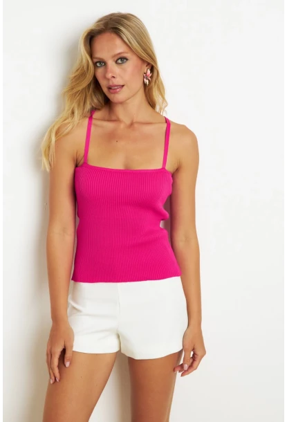 Kadın Fuşya Çapraz Askılı Triko Bluz KAZ07