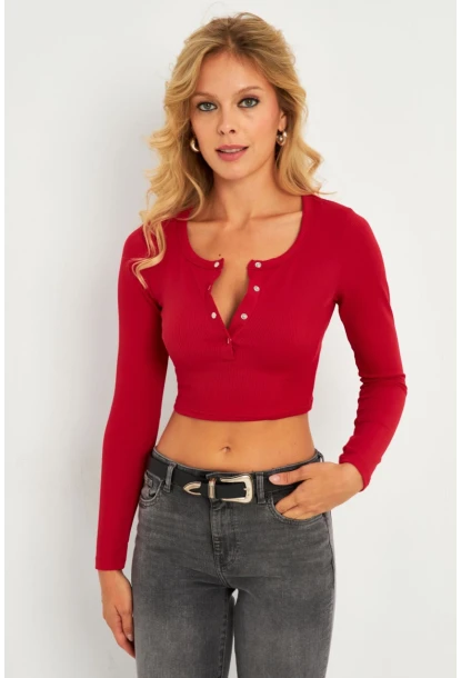 Kadın Fuşya Çıtçıtlı Crop Bluz CG379