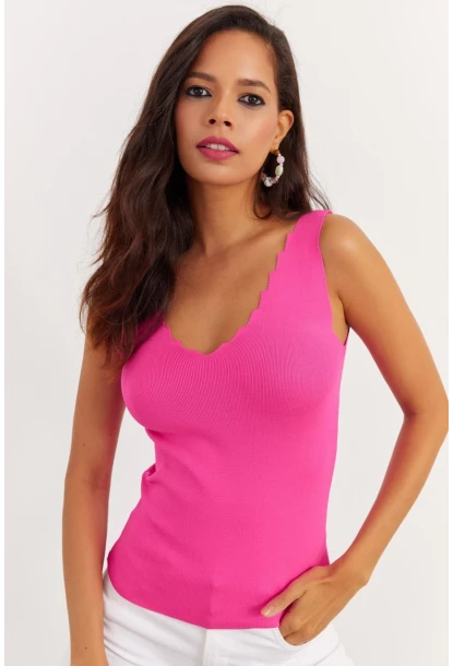 Kadın Fuşya Merdiven Yaka Triko Bluz YV83