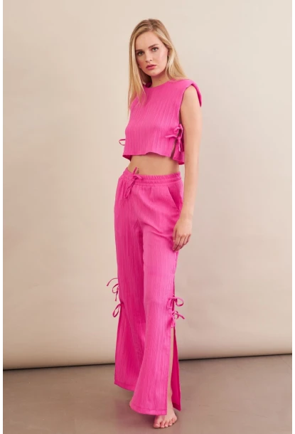 Kadın Fuşya Omuzları Vatkalı Bağlama Detaylı Alt Üst Takım KED002