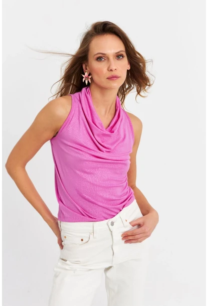 Kadın Fuşya Sırt Pencereli Desenli Bluz LPP1021