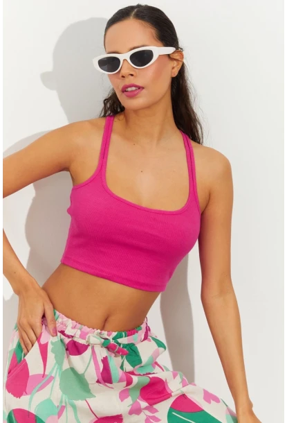 Kadın Fuşya Sırtı Halkalı Kaşkorse Crop Bluz B2552