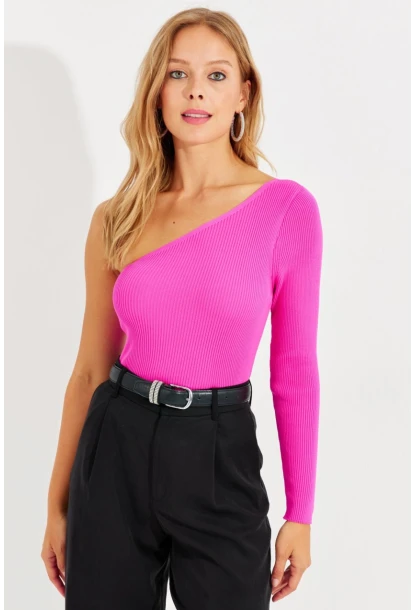 Kadın Fuşya Tek Omuz Triko Bluz YV204
