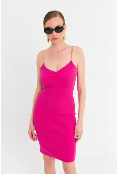 Kadın Fuşya Zincir Askılı Kaşkorse Midi Elbise UR204