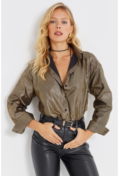 Kadın Gold Rengi Çizgili Parlak Gömlek SF2531