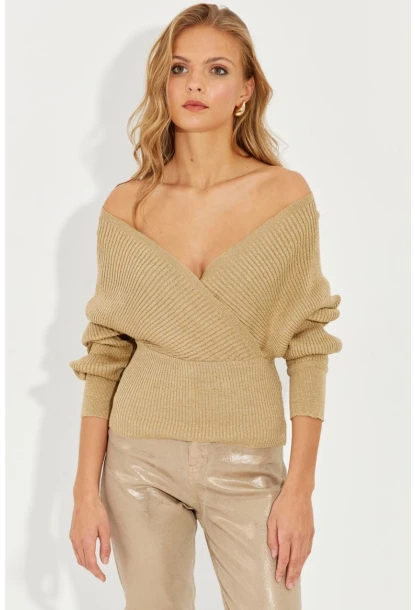 Kadın Gold Rengi Kruvaze Simli Kazak KED125