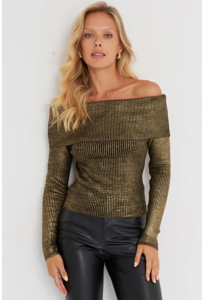 Kadın Gold Rengi Varaklı Madonna Triko Bluz SF2523