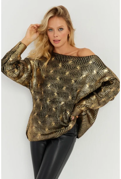 Kadın Gold Rengi Varaklı Triko Kazak SF2533