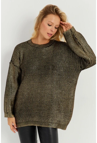 Kadın Gold Rengi Varaklı Triko Kazak SF2534