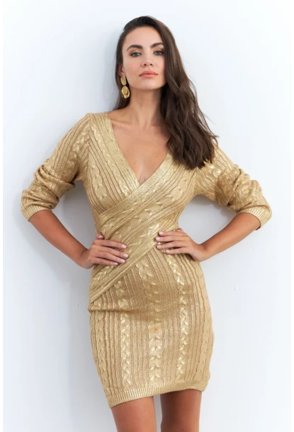 Kadın Gold Varaklı Saç Örgülü Midi Elbise RM05