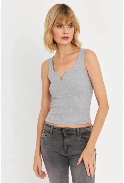 Kadın Gri Aksesuarlı Kaşkorse Bluz RLO116