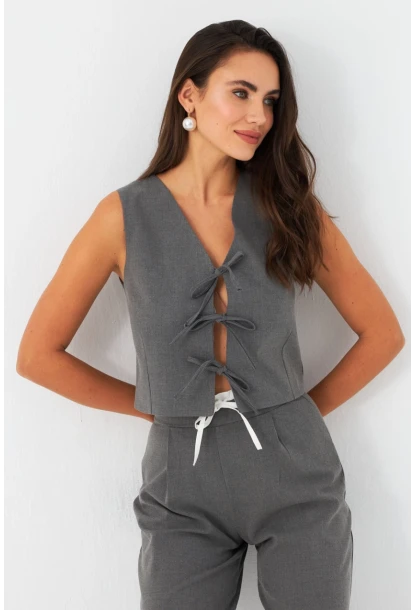 Kadın Gri Bağlama Detaylı Astarlı Yelek ELA6645