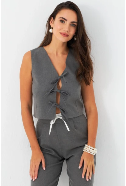 Kadın Gri Bağlama Detaylı Astarlı Yelek ELA6645