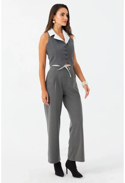 Kadın Gri Beli Bağlamalı Palazzo Pantolon ELA3972