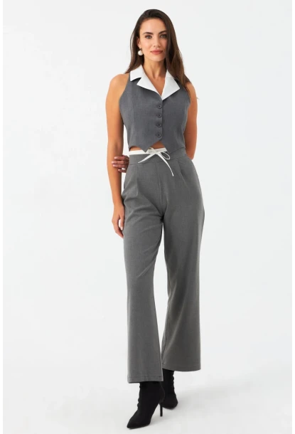 Kadın Gri Beli Bağlamalı Palazzo Pantolon ELA3972