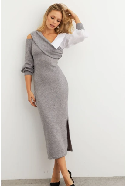 Kadın Gri Blok Kumaşlı Asimetrik Yaka Maxi Elbise KED4469