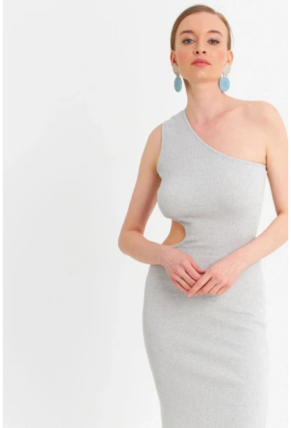 Kadın Gri Dekolteli Kaşkorse Midi Elbise OR2460