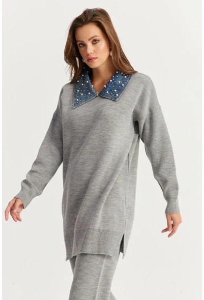 Kadın Gri Denim Yakalı İncili Alt Üst Triko Takım NUV22