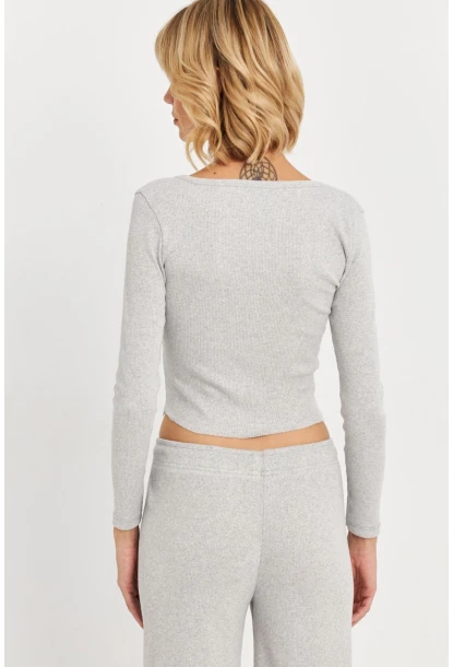 Kadın Gri Düğme Detaylı Basic Bluz ALB3814