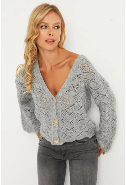 Kadın Gri Düğme Detaylı Hırka YV276