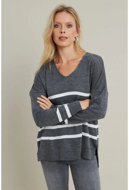 Kadın Gri-Ekru V Yaka Çizgili Triko Kazak MYİL550