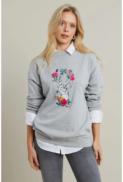 Kadın Gri-Fuşya Nakışlı Sweatshirt YLE20