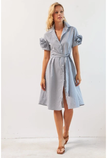 Kadın Gri Gül Detaylı Midi Gömlek Elbise SF12812