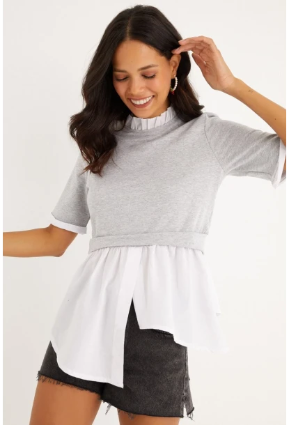 Kadın Gri İkili Asimetrik İki İplik Bluz B1454