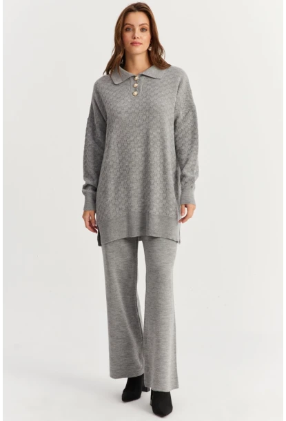 Kadın Gri İnci Düğmeli Triko Alt Üst Takım MNUV33