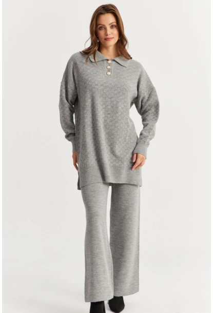 Kadın Gri İnci Düğmeli Triko Alt Üst Takım MNUV33