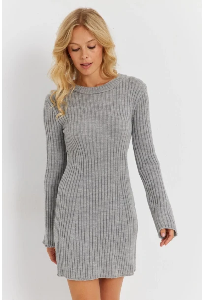 Kadın Gri İspanyol Kol Triko Mini Elbise YV273