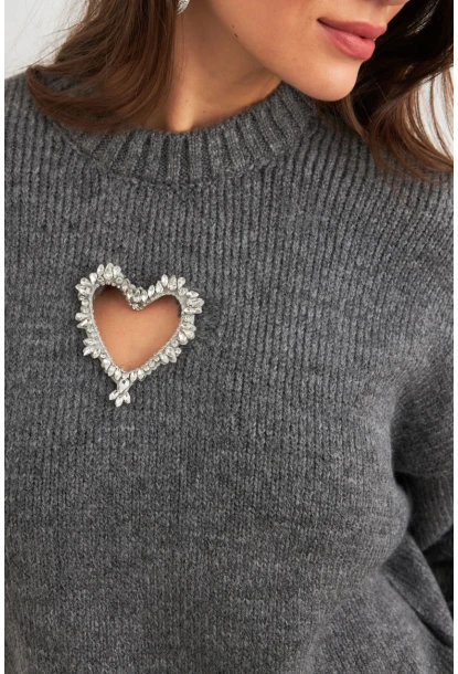 Kadın Gri Kalp Pencereli Kazak TEM101