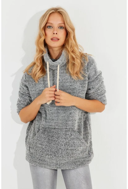 Kadın Gri Kanguru Cep Peluş Sweatshirt Q978