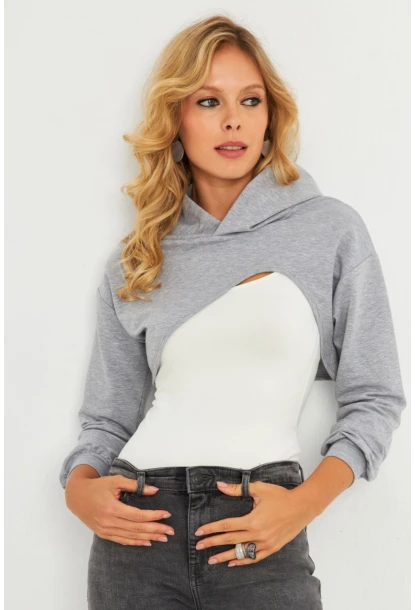 Kadın Gri Kapüşonlu Crop Sweatshirt  TF03